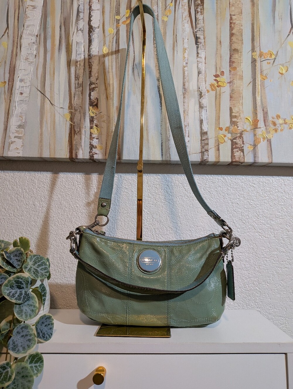 Coach Poppy Green Pattern Stiched Leather Crossbody Hobo Handbag